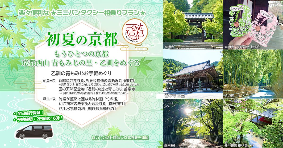 京都西山エリアで涼しげな青もみじを巡る、楽々便利なミニバンタクシー相乗りプラン